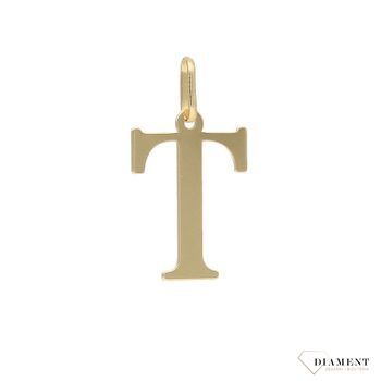 Złota zawieszka literka T, wykonana z wysokiej jakości 14-karatowego żółtego złota. Zawieszka idealna na prezent dla kobiet, które lubią modne dodatki..jpg